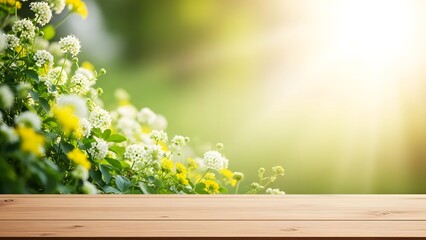 Easter spring floral background with wooden table for easter decorations and celebrations