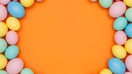 Easter eggs border frame with pastel colored eggs on orange background for easter greeting cards