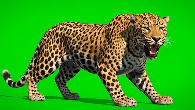 Majestic Leopard with Open Mouth, Roaring on a Green Screen Background for Versatile Video Editing