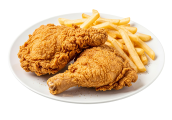 crispy fried chicken with golden fries on white plate