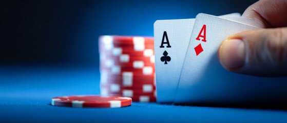 A hand grips two aces while surrounded by colorful poker chips on a blue table