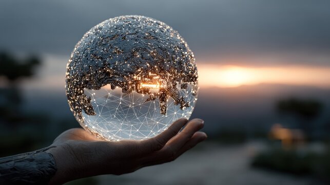 A hand holds a glowing, transparent globe composed of a network of interconnected points and lines, set against a blurred background of a sunset or sunrise with a body of water and trees - Powered by Adobe