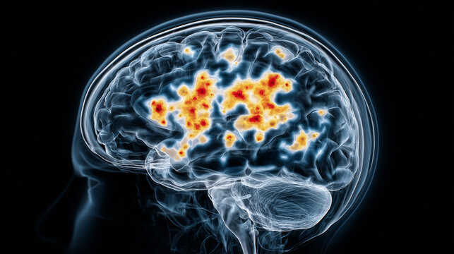 Brain scan mitochondrial activity cognitive function neural network human head medical science glowing energy health