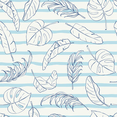 Hand drawn tropical leaves seamless pattern, holiday and summer time natural ornaments for textile, fabric, wall art, wallpaper poster and botanical floral decor background.