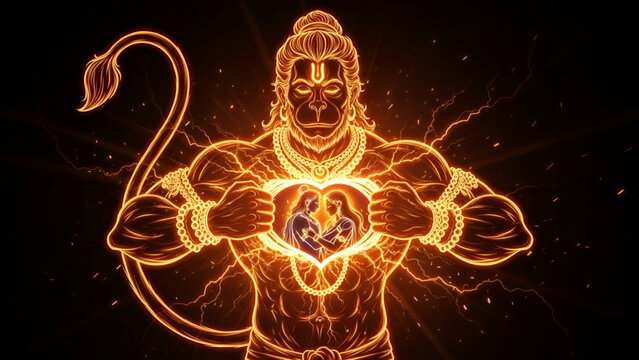 Powerful divine depiction of Lord Hanuman revealing sacred love of Shri Ram and Sita glowing inside his heart symbolizing devotion strength and loyalty for spiritual worship themes