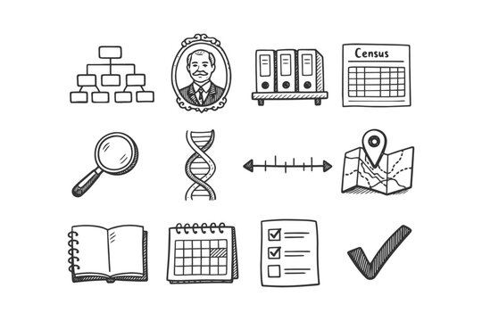 Hand-drawn genealogy elements with dna, census, and family tree icons.