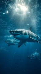 Fototapeta premium Great white shark swimming undersea alongside other sharks. Dangerous marine predator in its natural ocean habitat for wildlife nature or adventure.