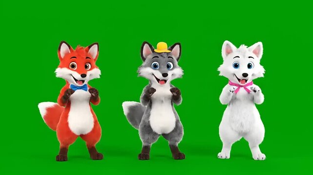 Cute cartoon foxes and wolf characters dancing and celebrating with joy on a vibrant green screen background, perfect for animation and video projects