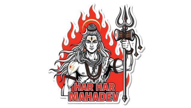 Mahadev lord shiva illustration with trishul damru and fire background powerful hindu god artwork for mahashivratri devotion meditation worship culture temple poster print