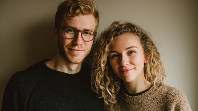Happy man and woman together looking at camera for couple portrait. Youthful Caucasian friends posing for picture, conveying genuine emotion.