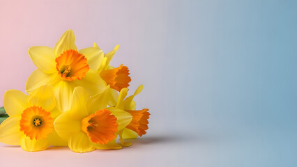 Obraz premium Vibrant yellow daffodils with orange centers on pastel background