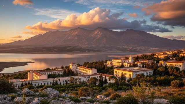 Serene university campus by tranquil lake with majestic mountains - Powered by Adobe
