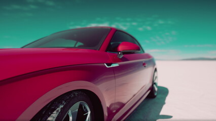 A sleek red sports car stands on a vast white salt flat, sunlit and vibrant. The scenery features a clear blue sky, accentuating the car’s sporty design against the bright landscape. © icetray