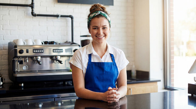 Smiling young woman wearing blue apron standing behind coffee bar counter indoors