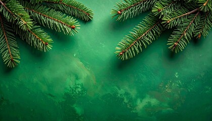 “Evergreen pine branches upper left corner textured green background holiday seasonal natural design”