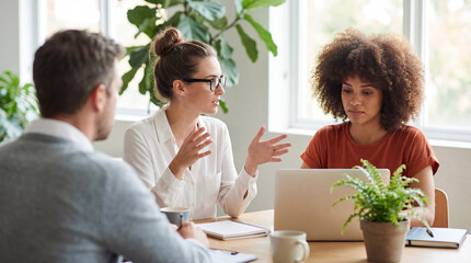 Three professionals engaged in discussion during meeting in modern office setting