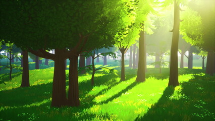 Morning light pours into a serene forest, casting playful shadows on a vibrant green meadow. Tall trees surround the scene, creating a peaceful atmosphere filled with natures beauty. © icetray