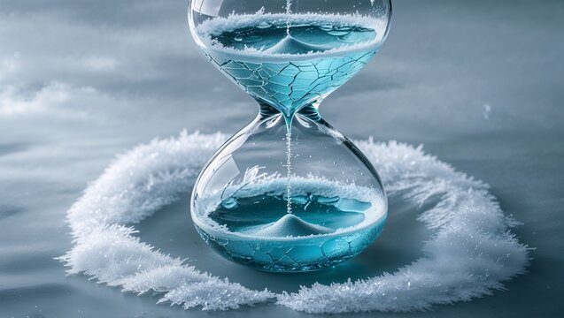 frozen hourglass with ice and frost ring representing paused time and deadline freeze
