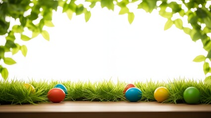 Easter eggs in grass with green leaves arch springtime holiday concept