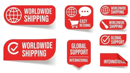 Global-ready red promotional sticker set with universal symbols, clean flat vector design, bold white typography, white background, ecommerce marketing graphic pack