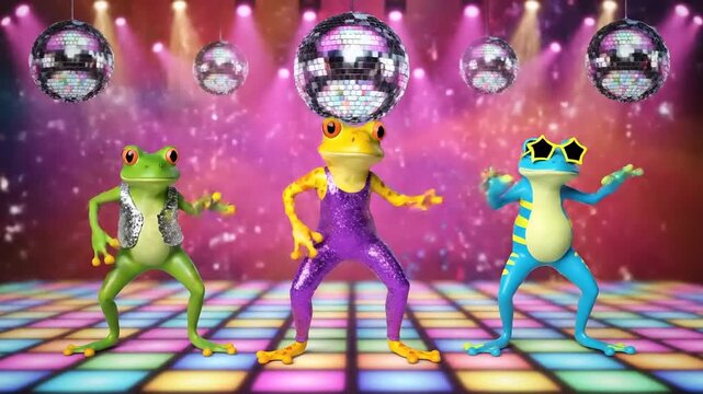 Three frogs wearing colorful outfits dance under a disco ball surrounded by flashing lights on a dance floor, creating a vibrant party atmosphere