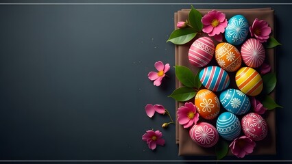 Vibrant easter eggs and flowers on wooden tray for springtime celebrations