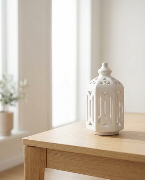 White decorative lantern on wooden table in bright interior concept of Ramadan  