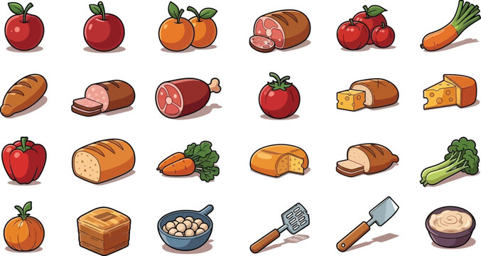 A collection of various food items and kitchen tools illustrated in a colorful cartoon style on a white background