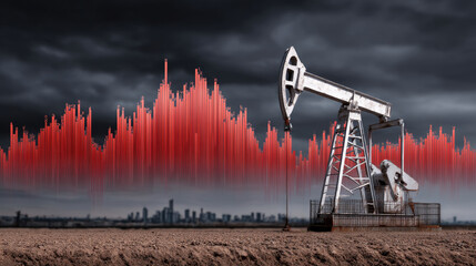 Market reaction concept ,Oil pumpjack energy sector spike geopolitical tension red graph dramatic sky cityscape crisis
