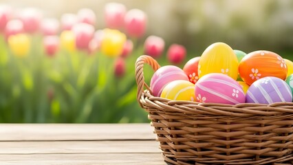 Easter eggs in a basket with tulips on a wooden table