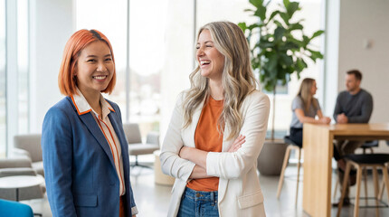 Obraz premium Two young professional women standing and smiling at each other in modern office space