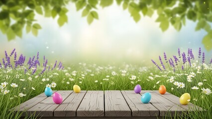 Easter eggs on wooden table in blooming garden on easter sunday morning