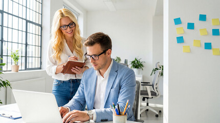 Young professional man and woman collaborating on project in modern office setting together