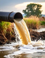 Pollution Discharge - Industrial Waste Flowing into Natural Waterway.