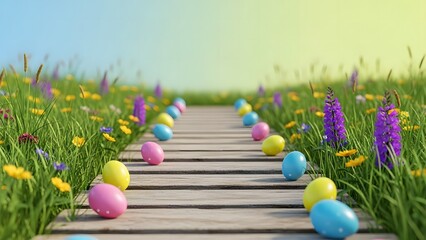 Easter eggs in a colorful spring garden pathway on easter sunday morning