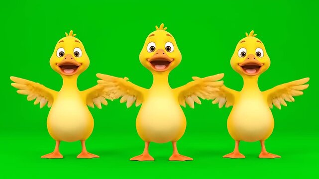 Three cheerful yellow baby duck characters in a playful pose against a vibrant green background, rendered in charming 3D animation, evoking pure joy and innocence