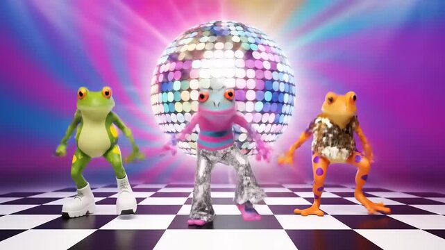 Three dancing frogs in flashy outfits under a disco ball on a checkered dance floor, fun party atmosphere