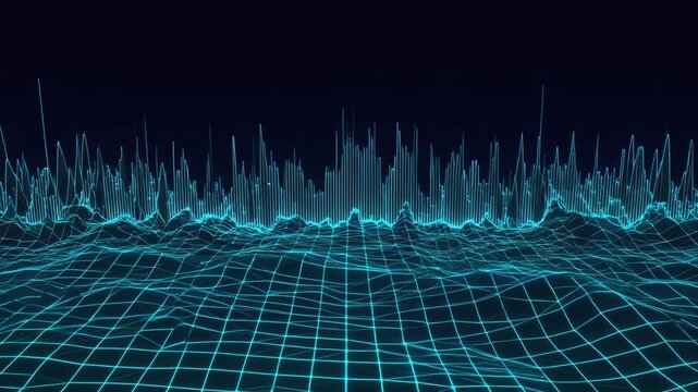 3D data terrain with turquoise grid and vertical spikes&mdash;visualizing complex datasets in a dynamic, futuristic style.