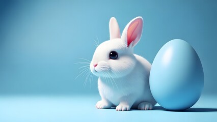 Easter bunny with giant blue easter egg on light blue background