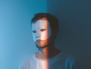 Man wearing white masquerade mask, light spectrum casting colorful shadow on face and wall, conceptual identity, hidden emotions, split personality, duality, mystery, anonymity, and drama