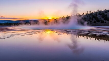 Fototapeta premium Serene misty lake at sunrise with steam rising peacefully