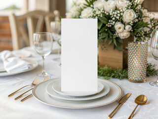 Blank 4x8 menu card mockup on wedding table setting with white roses centerpiece, gold cutlery and...