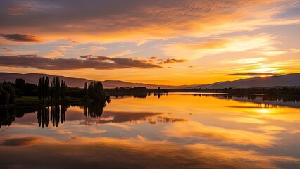 Obraz premium Sunset over serene lake with mountains and trees reflecting in calm water