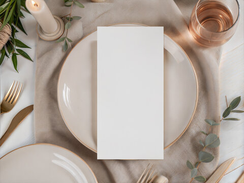 Wedding menu card mockup 4x8 on beige plate with gold cutlery and candle. Elegant table setting flat lay with eucalyptus.