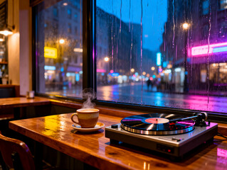 Cozy Coffee Shop Interior with Vinyl Record Player and Hot Coffee Cup on Rainy Night. Moody City Neon Lights through Window with Raindrops. Lo-fi Aesthetic Background for Music and Relaxation.