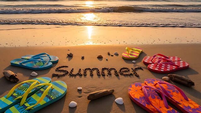 Colorful flip flops spelling summer on a beach at sunset illustration