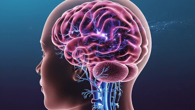 Animated human brain model with electrical impulses and digital data