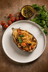 eggplant stuffed with spaghetti and swordfish
