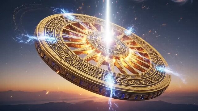 Animated sudarshan chakra turning through powerful cosmic energy beams with rotating light trails orbit sky showing divine strength protection dharma and spiritual power