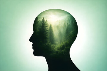 Human silhouette filled with misty forest landscape. Concept of mind, nature connection, mental health, psychology, and environment.